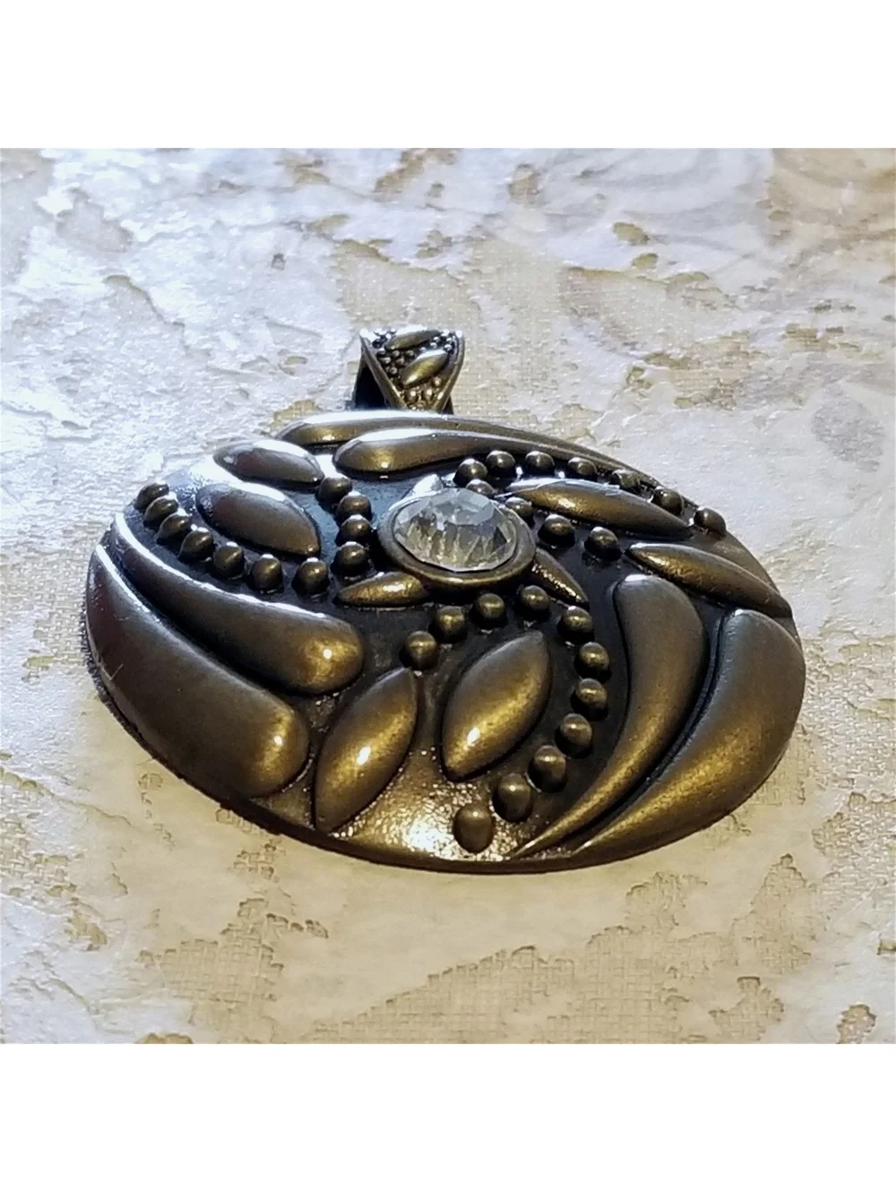 Antique Brass Art Deco Steampunk Textured Rhinestone Large Pendant Slide Bail